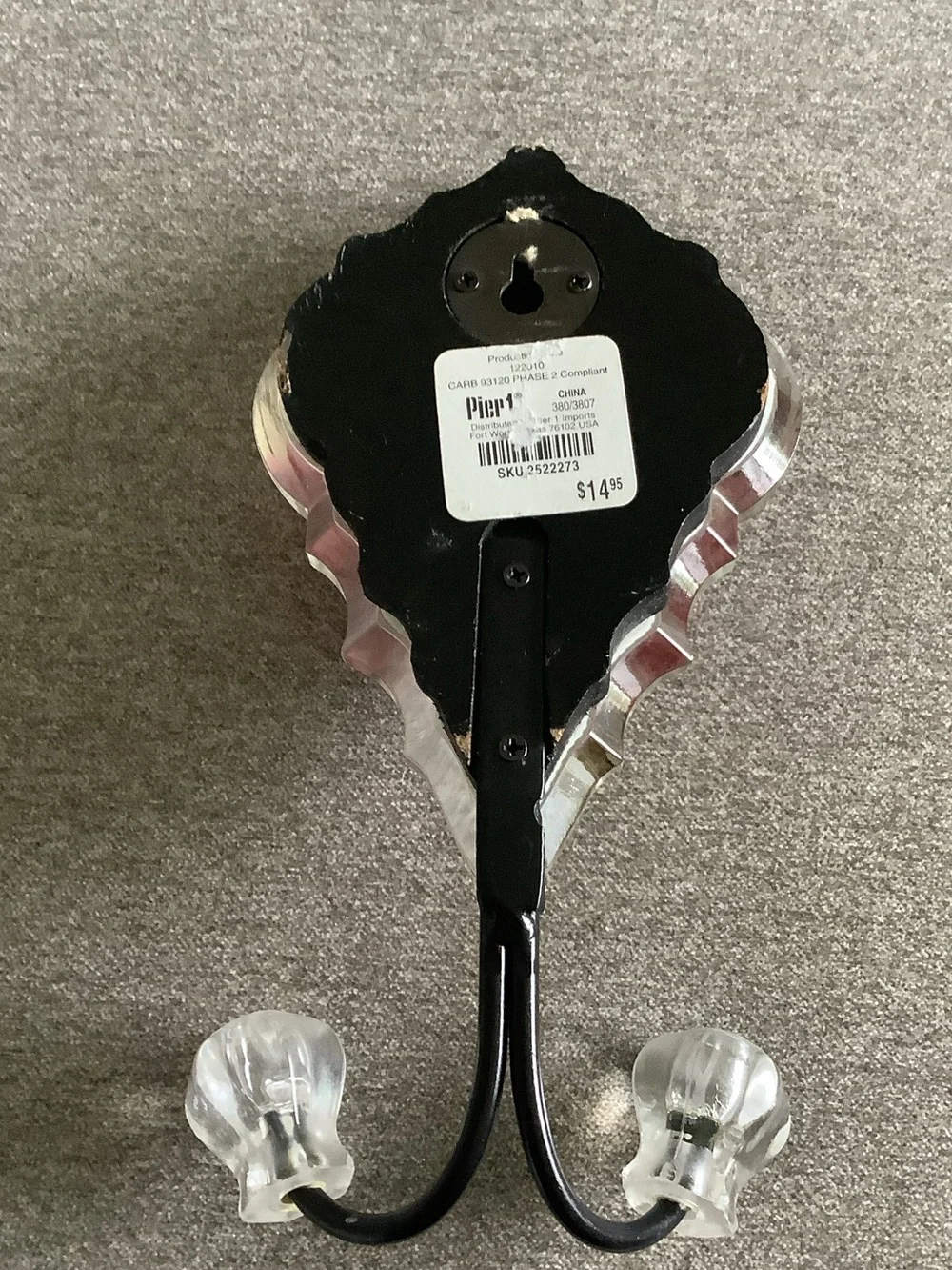 Pier 1 Black Double Hook with Clear Acrylic Knobs